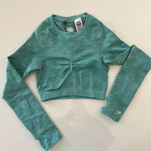 Gymshark Teal Camo Crop Top, size small, open back and thumbholes, workout top